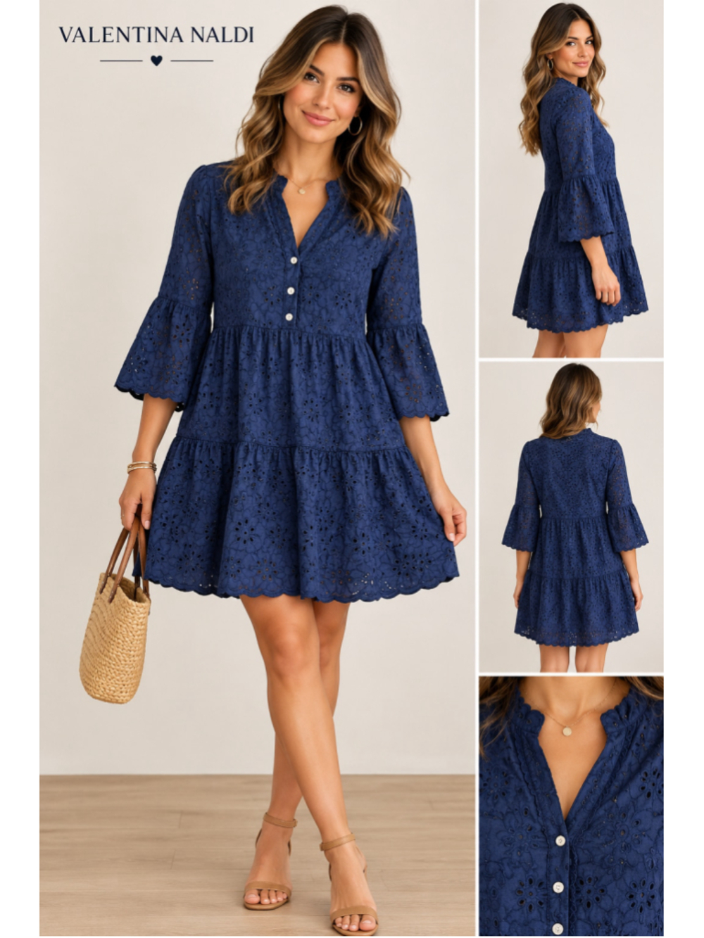 Women's Valentina Naldi Blue Eyelet Mini Dress Size S